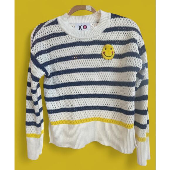 Kerri Rosenthal Knit Crochet Smiley Face Striped Sweater S Blue White Yellow - Picture 2 of 9
